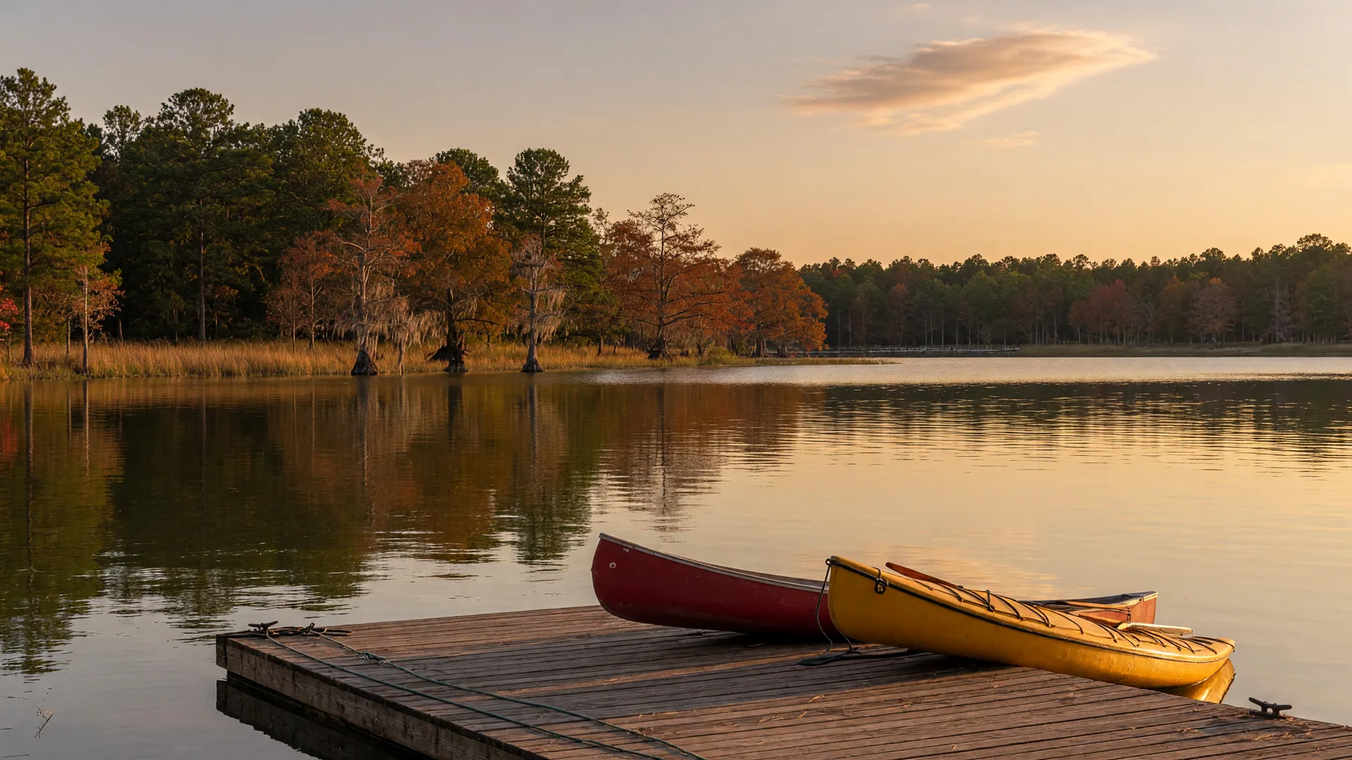 A calm East Texas lake at golden hour seen from a wooden dock with a canoe and kayak pulled up, loblolly pines lining the far shore