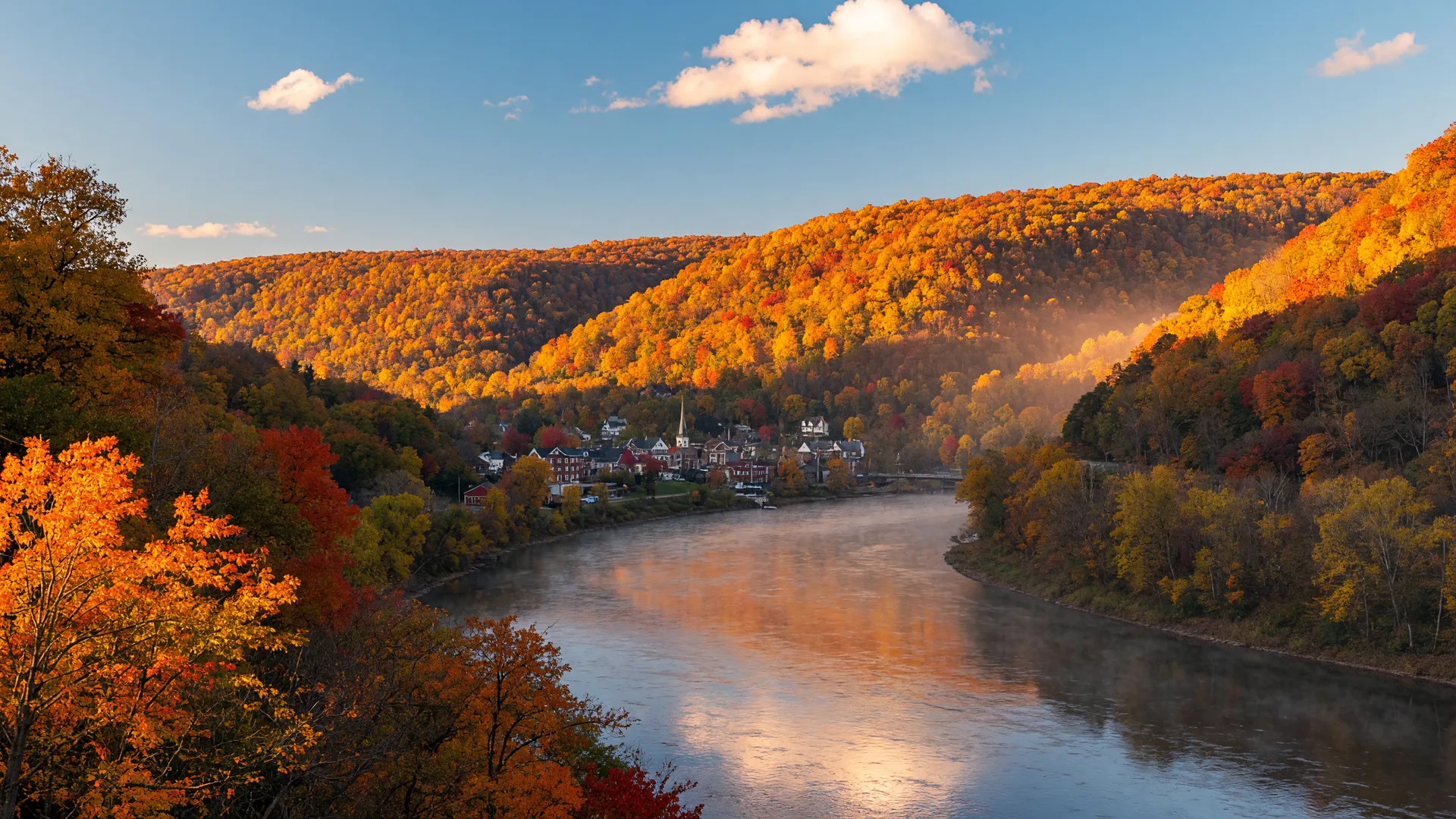 Peak autumn color along the Delaware River valley near Milford, Pennsylvania