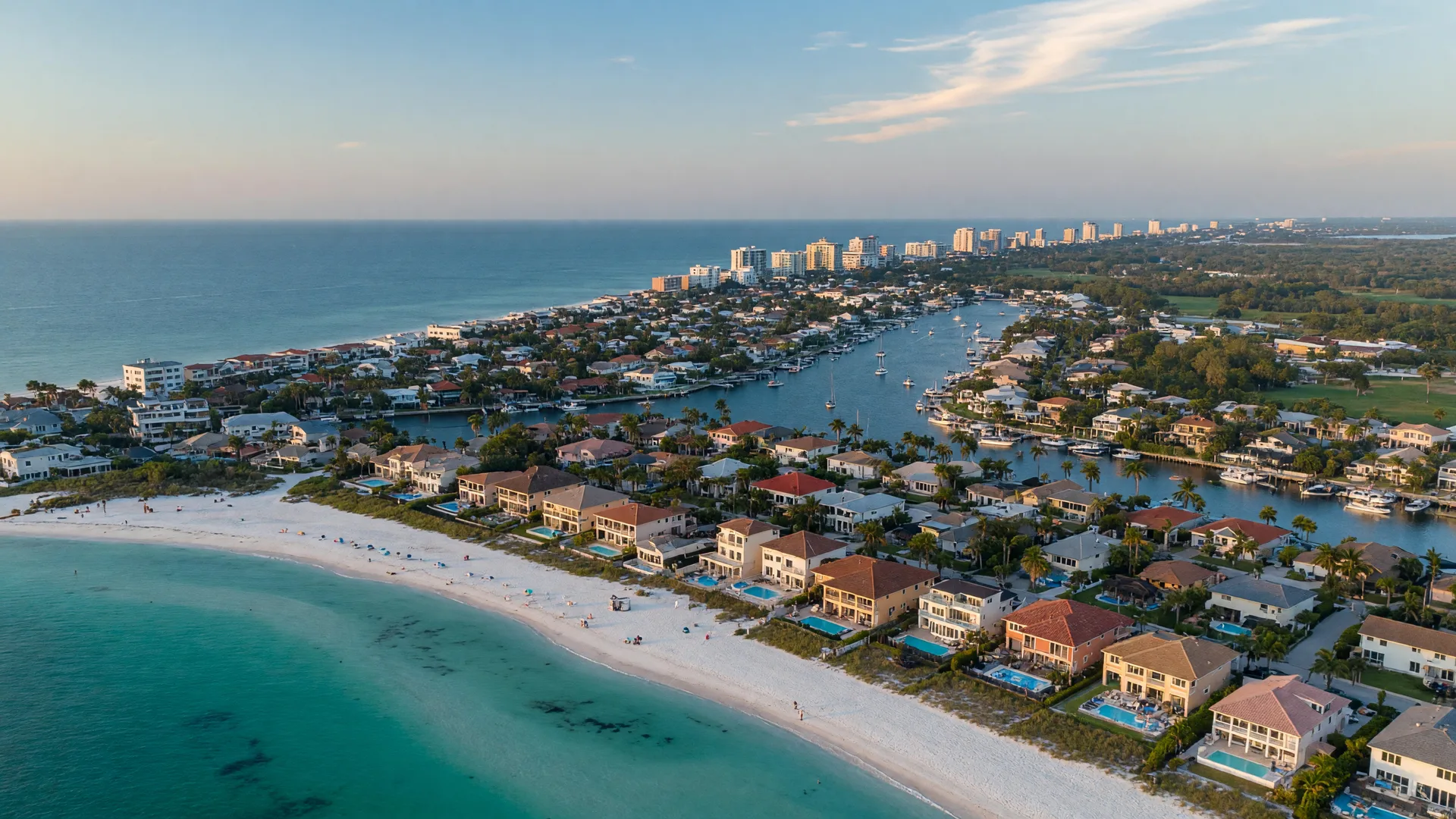 Aerial view of the Southwest Florida Gulf coast with a barrier island of stucco and tile-roof homes along turquoise shallows, palm-lined canals with boats, and the Naples skyline on the horizon