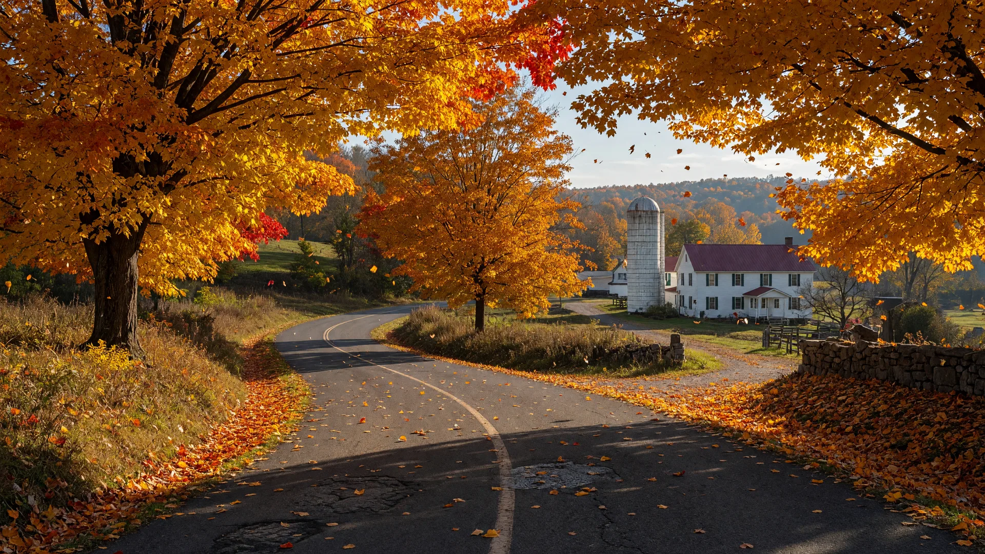 A Kentucky country lane in full autumn color with golden maples and a white farmhouse in the distance