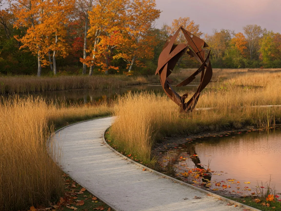 A winding crushed-limestone trail through golden prairie grasses at Hobart Urban Nature Preserve in Troy, Ohio in mid-October, a welded steel sculpture among the grasses, a stand of maples turning orange and gold, and a wildlife pond catching warm late-afternoon light
