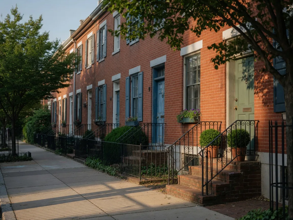 A Washington DC street of brick row houses with painted doors and iron railings in late afternoon light