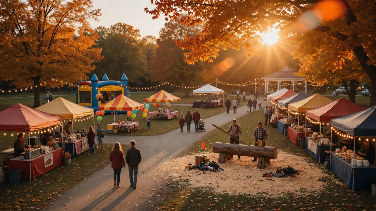 A Southern town fall festival in a park at golden hour with vendor booths with warm lights, a bounce house, and a lumberjack demonstration area with wood chips