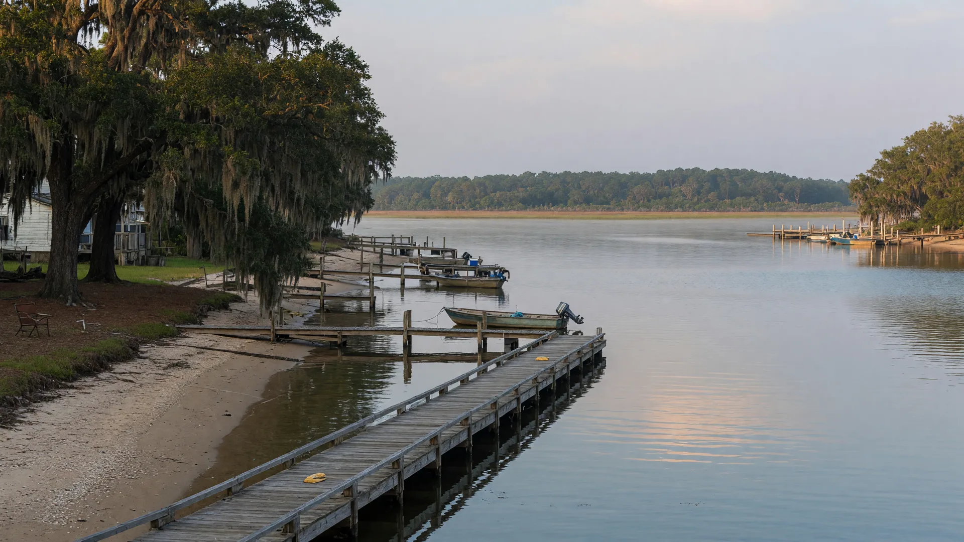 Perdido Bay shoreline at Lillian Alabama with a wooden dock and live oaks