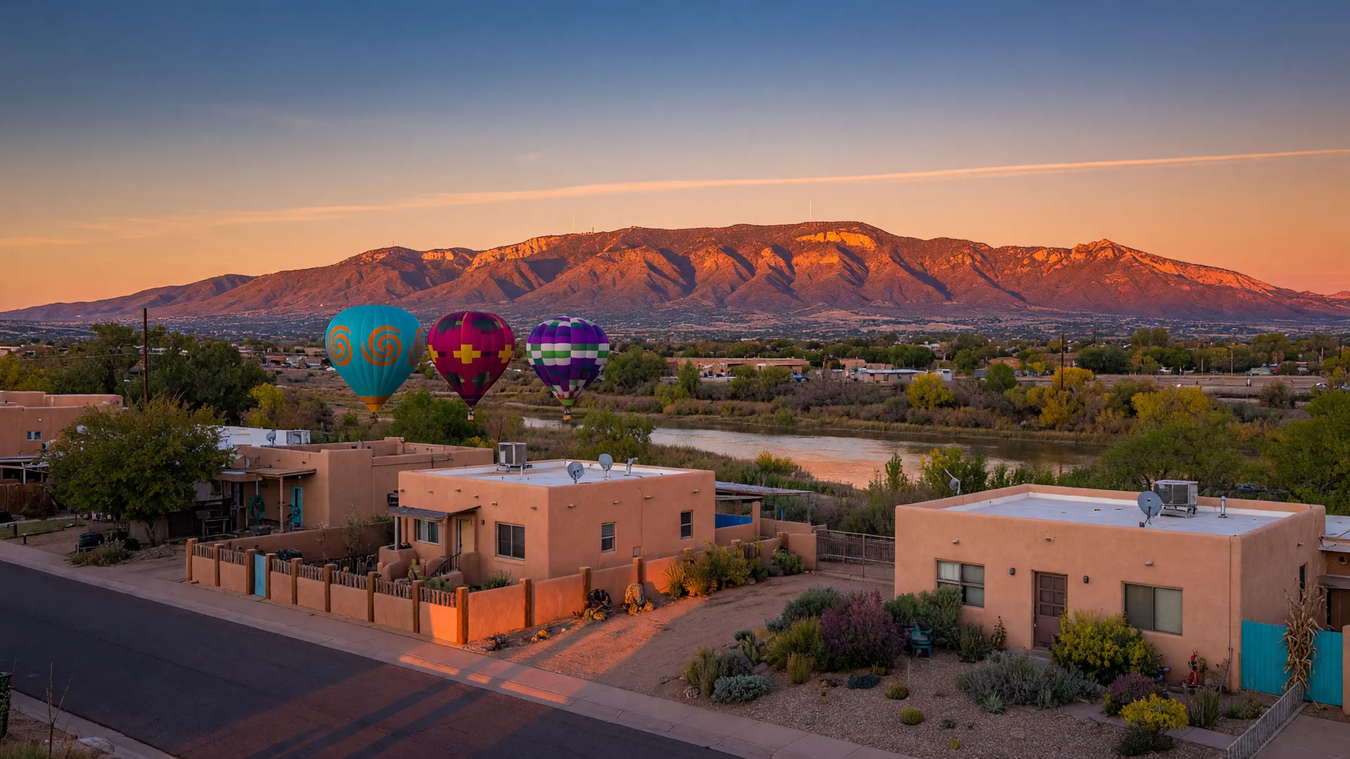 Golden light on the Albuquerque skyline with the Sandia Mountains on the eastern horizon and colorful hot air balloons drifting over the Rio Grande valley