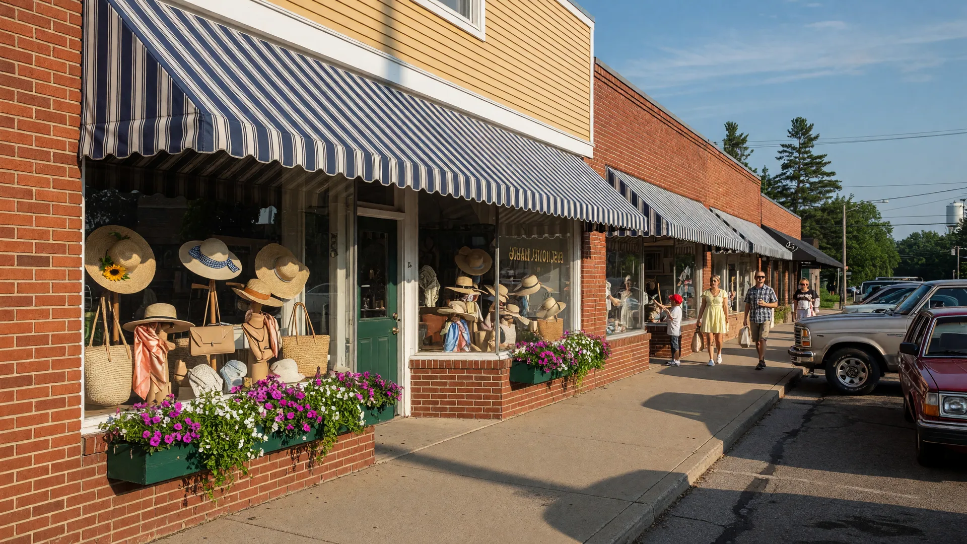 A small-town main street boutique in northern Minnesota with a window display of hats and handbags, flower boxes, and awnings on a sunny morning