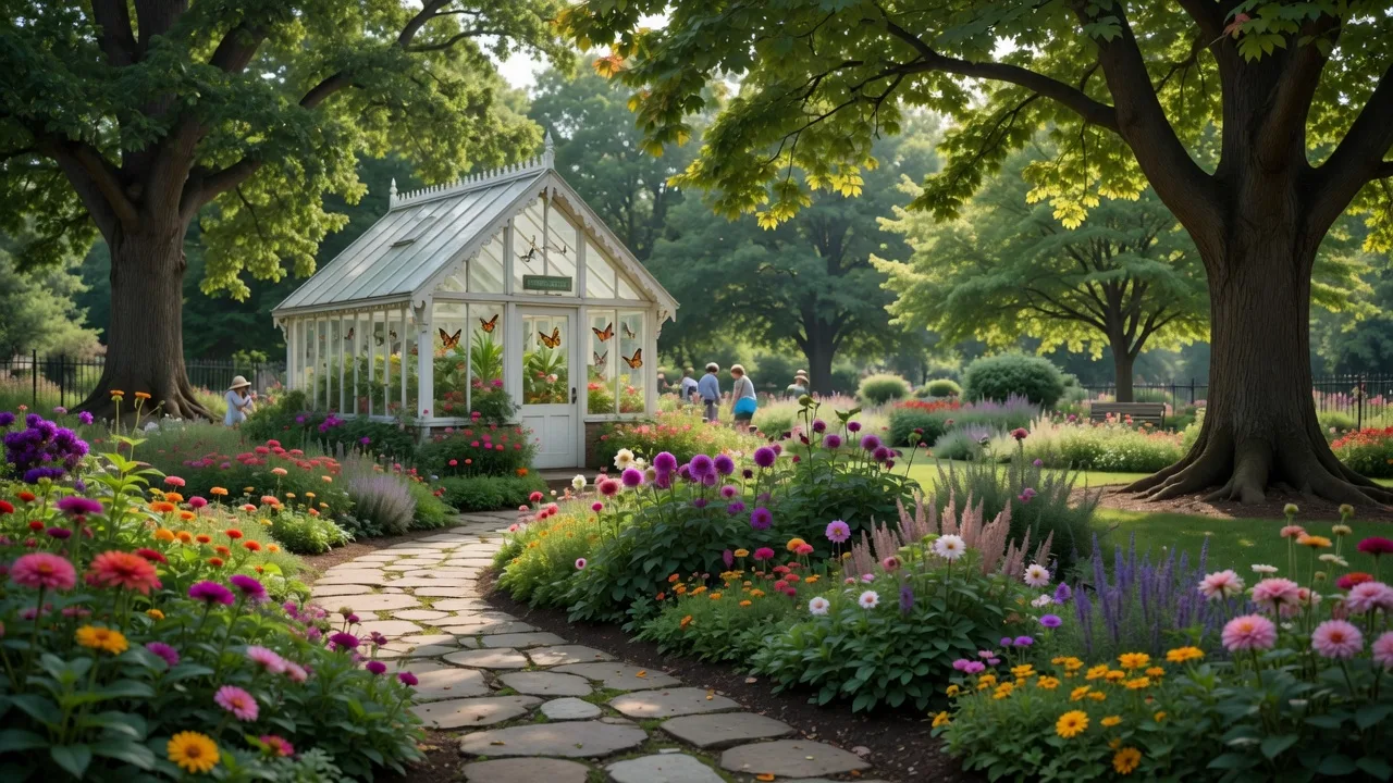 A winding path through colorful flowering gardens at Cox Arboretum in Dayton Ohio with a butterfly house greenhouse and mature trees in dappled summer sunlight