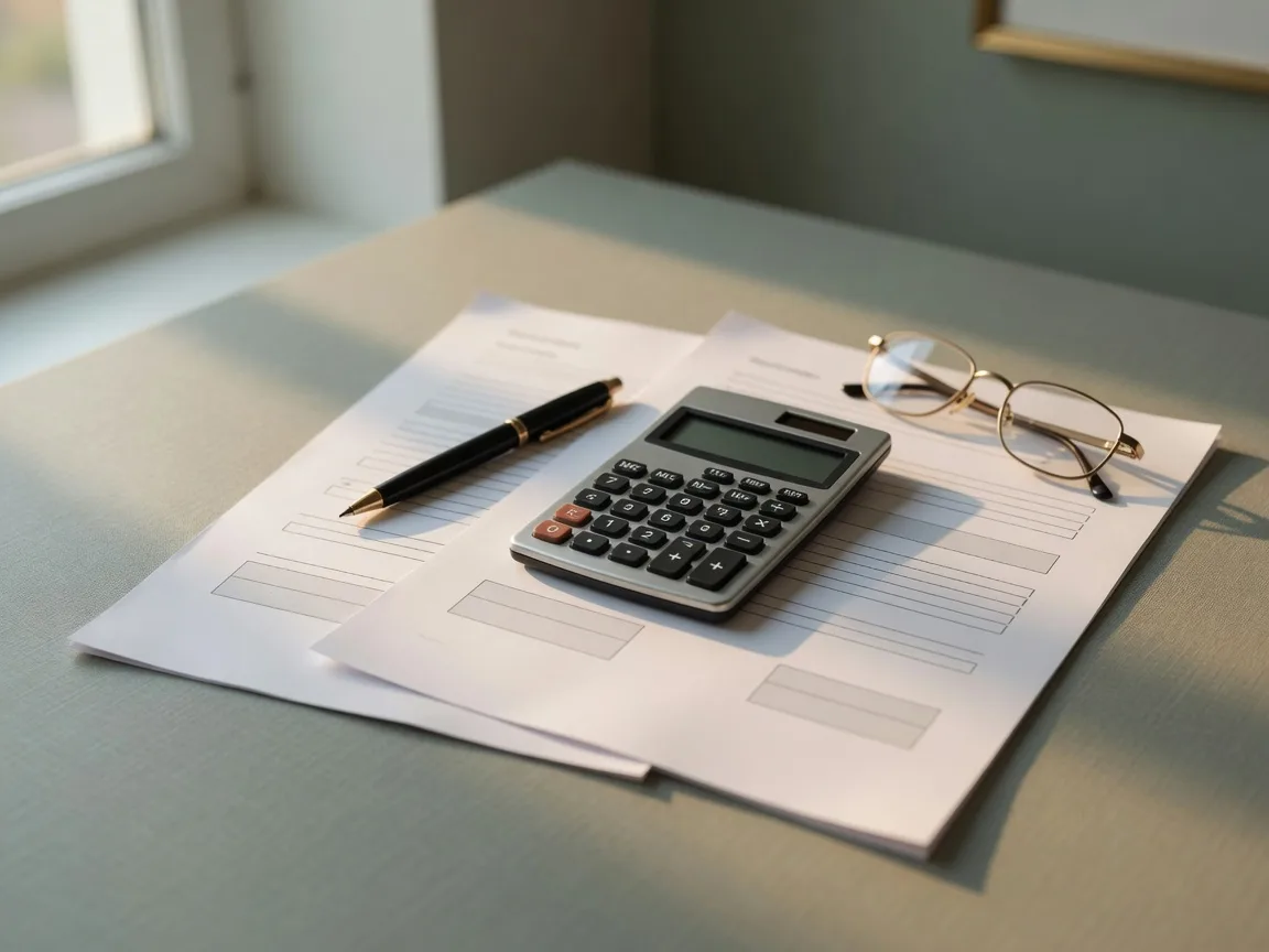 Two blank mortgage loan documents on a desk with a calculator, pen, and reading glasses in warm window light