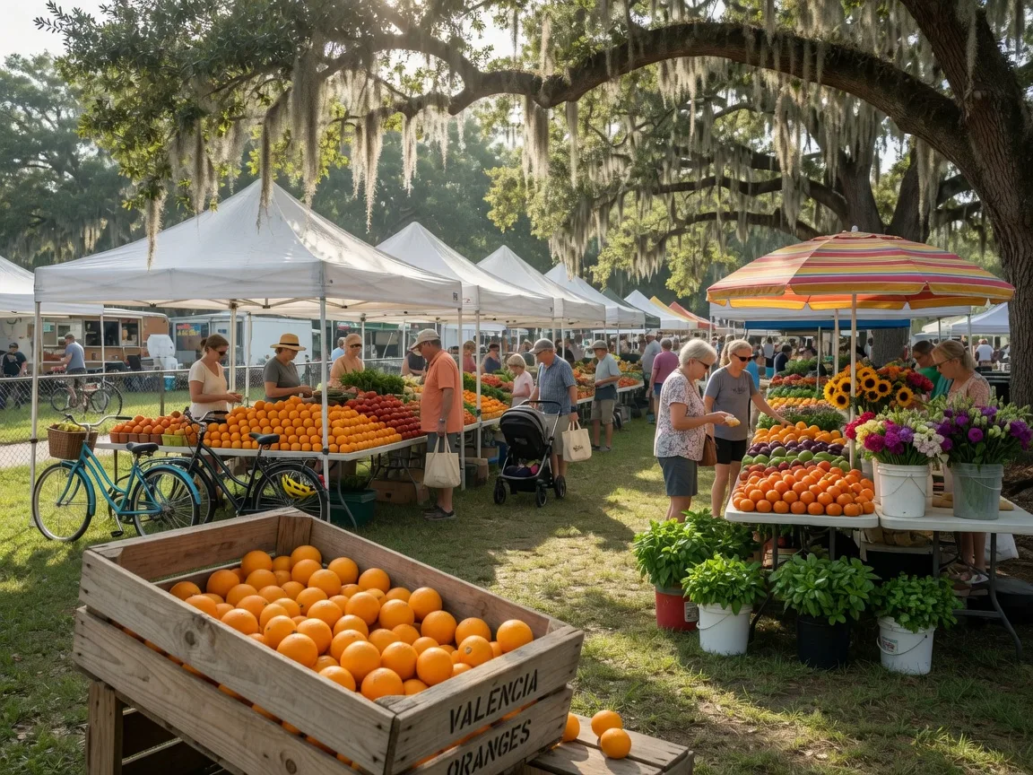A Saturday farmers market under live oak trees with white canopies, tables of oranges and vegetables, and shoppers in soft morning light