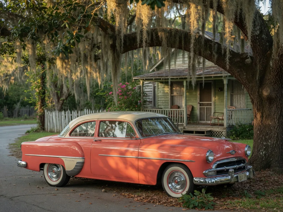 A restored classic car parked in the dappled shade of a large live oak draped in Spanish moss on a quiet coastal Mississippi street