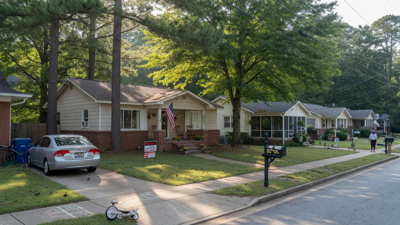 A modest starter home with a front porch in a Metro Atlanta neighborhood with mature trees and a For Sale sign in the yard