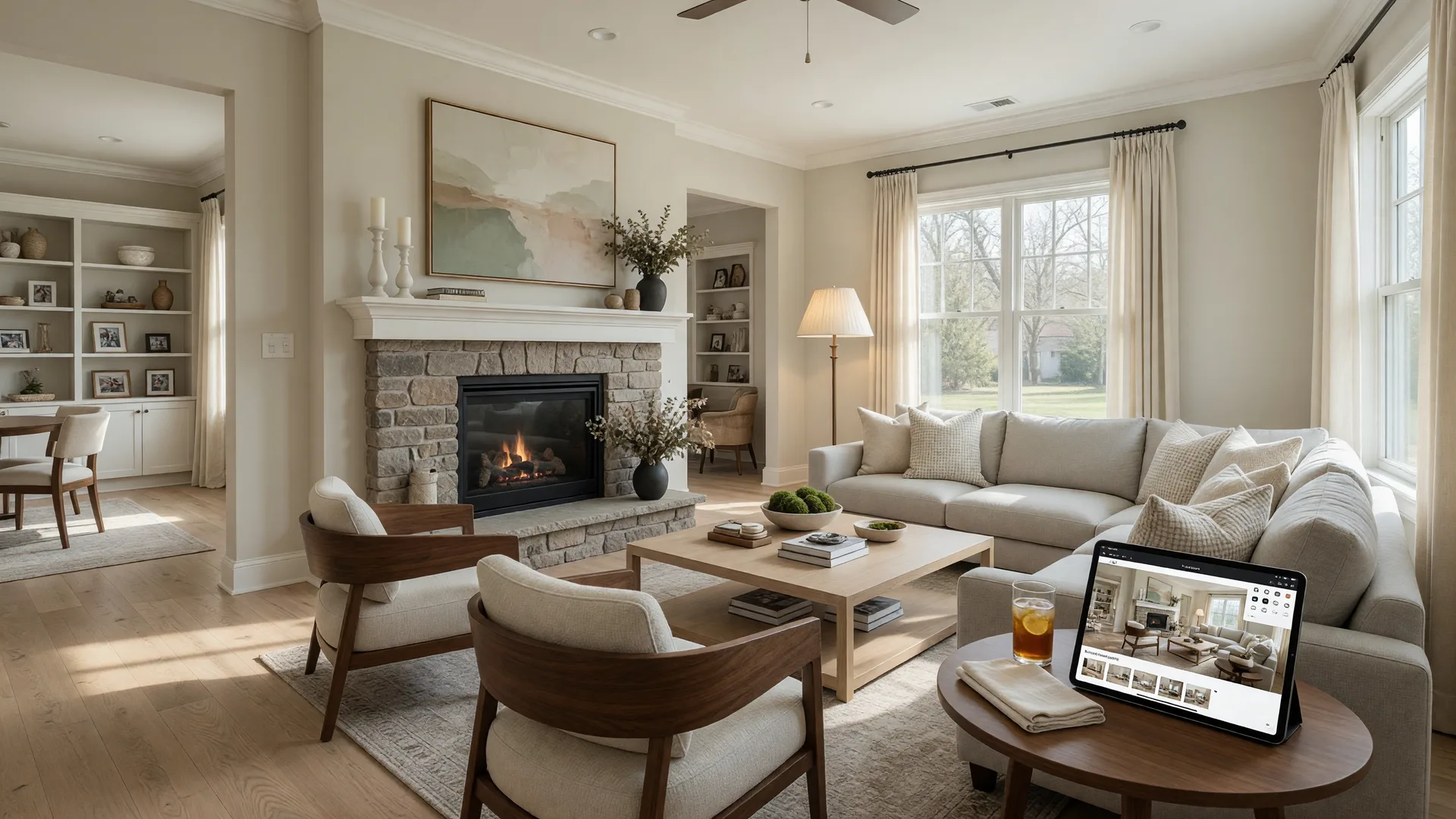 A bright, beautifully staged Mid-Michigan living room with modern furniture, hardwood floors, and a tablet displaying AI staging software