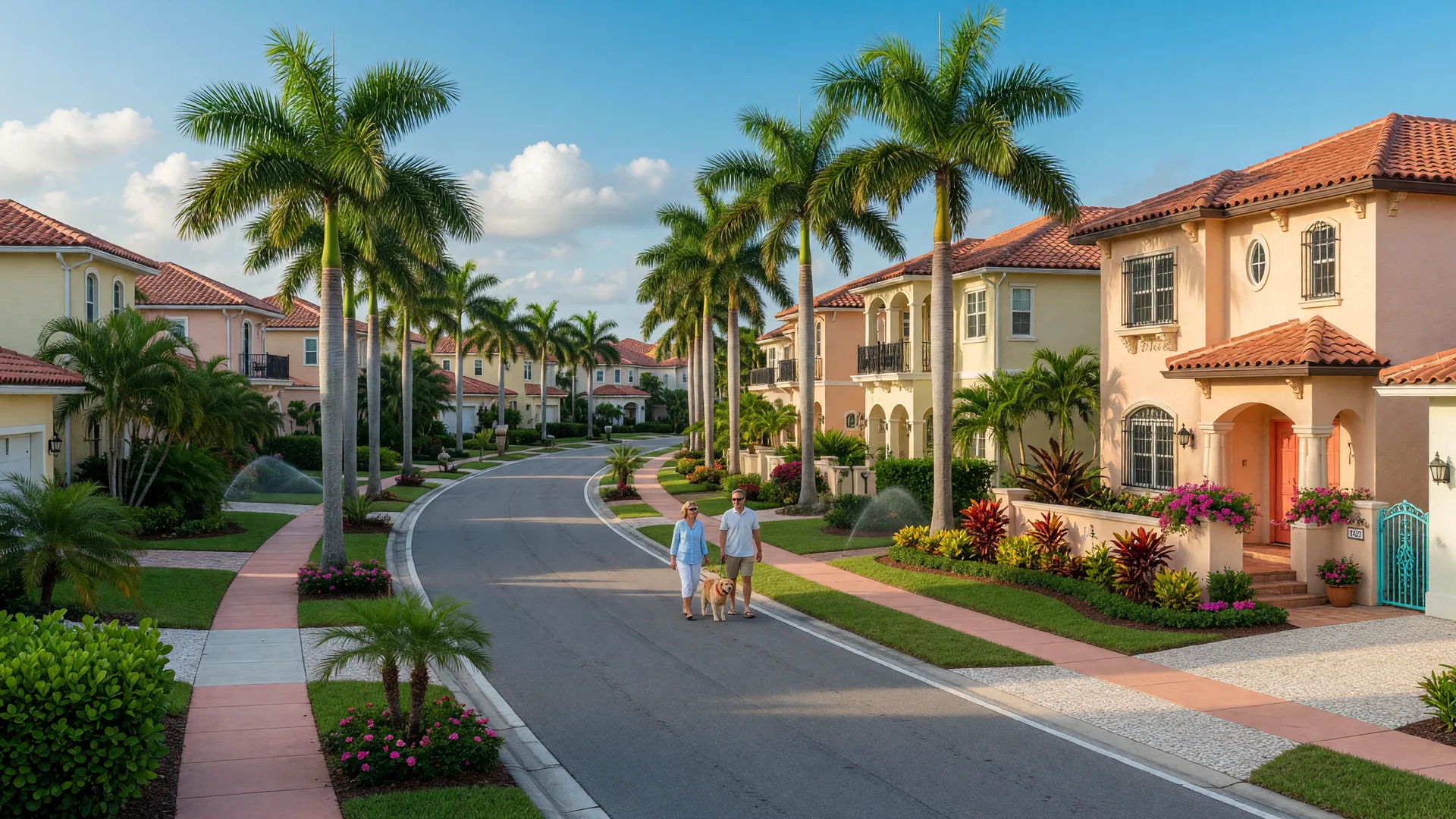 Welcoming Sarasota neighborhood street lined with palm trees and Mediterranean-style homes