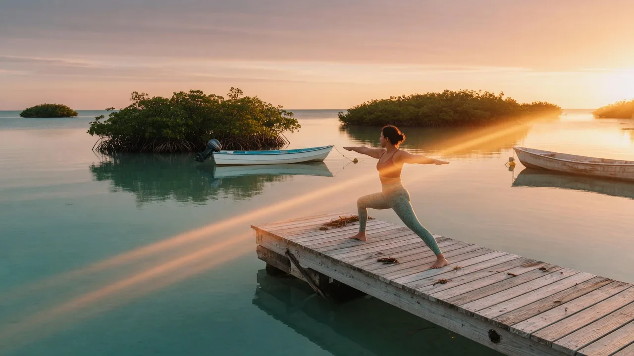 Person practicing yoga on a dock at sunrise in the Florida Keys with calm turquoise water and mangroves