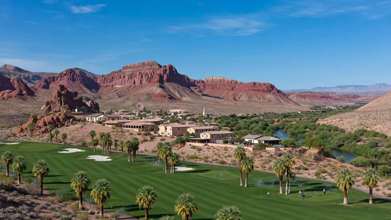 Mesquite Nevada golf course with palm trees, green fairways, and red rock mountains in the desert valley near the Arizona border