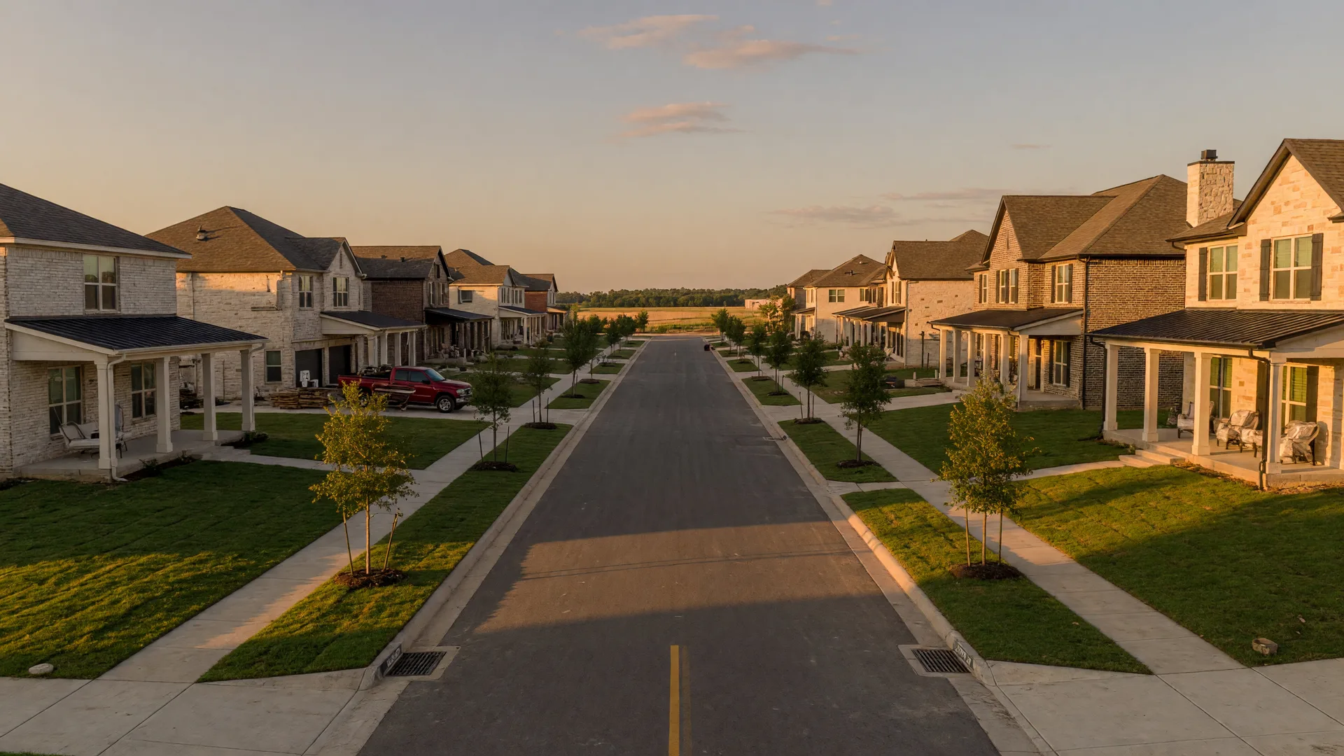 A new master-planned community street in Northeast Texas at golden hour with modern stone and brick homes and young oak trees