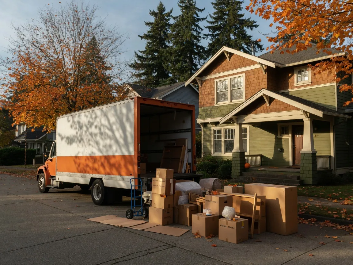 A moving truck parked at the curb in front of a cedar-sided craftsman home on an autumn street with packing boxes on the driveway