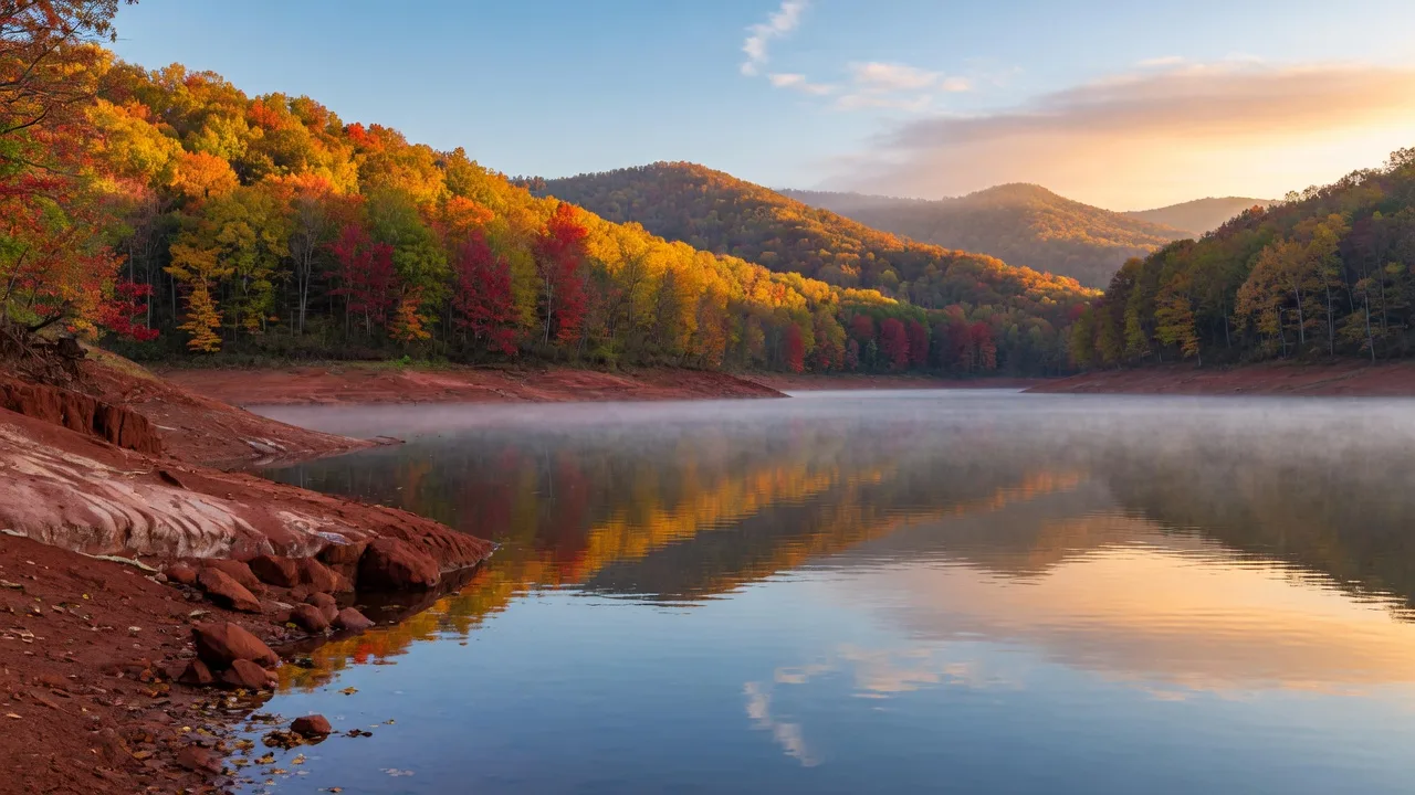 Autumn shoreline of an Appalachian foothills reservoir at peak color, with red clay banks and gold and crimson hardwoods above calm blue water