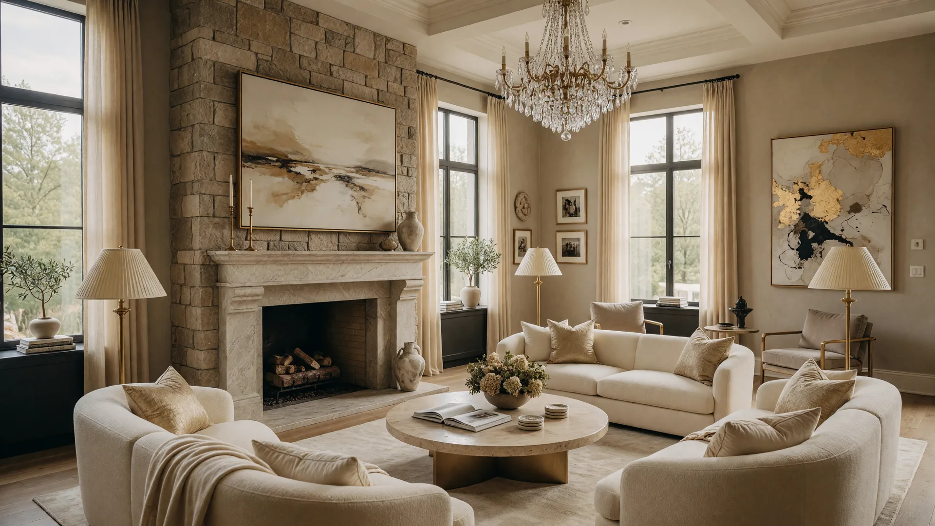 Luxury home interior with stone fireplace and natural daylight in Kingston Ontario