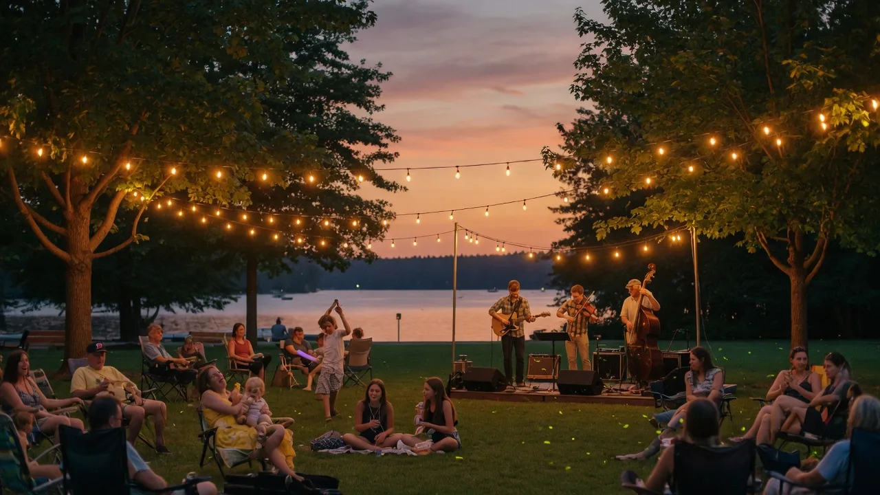 Crosslake Town Square on a summer evening with string lights and live music in the park