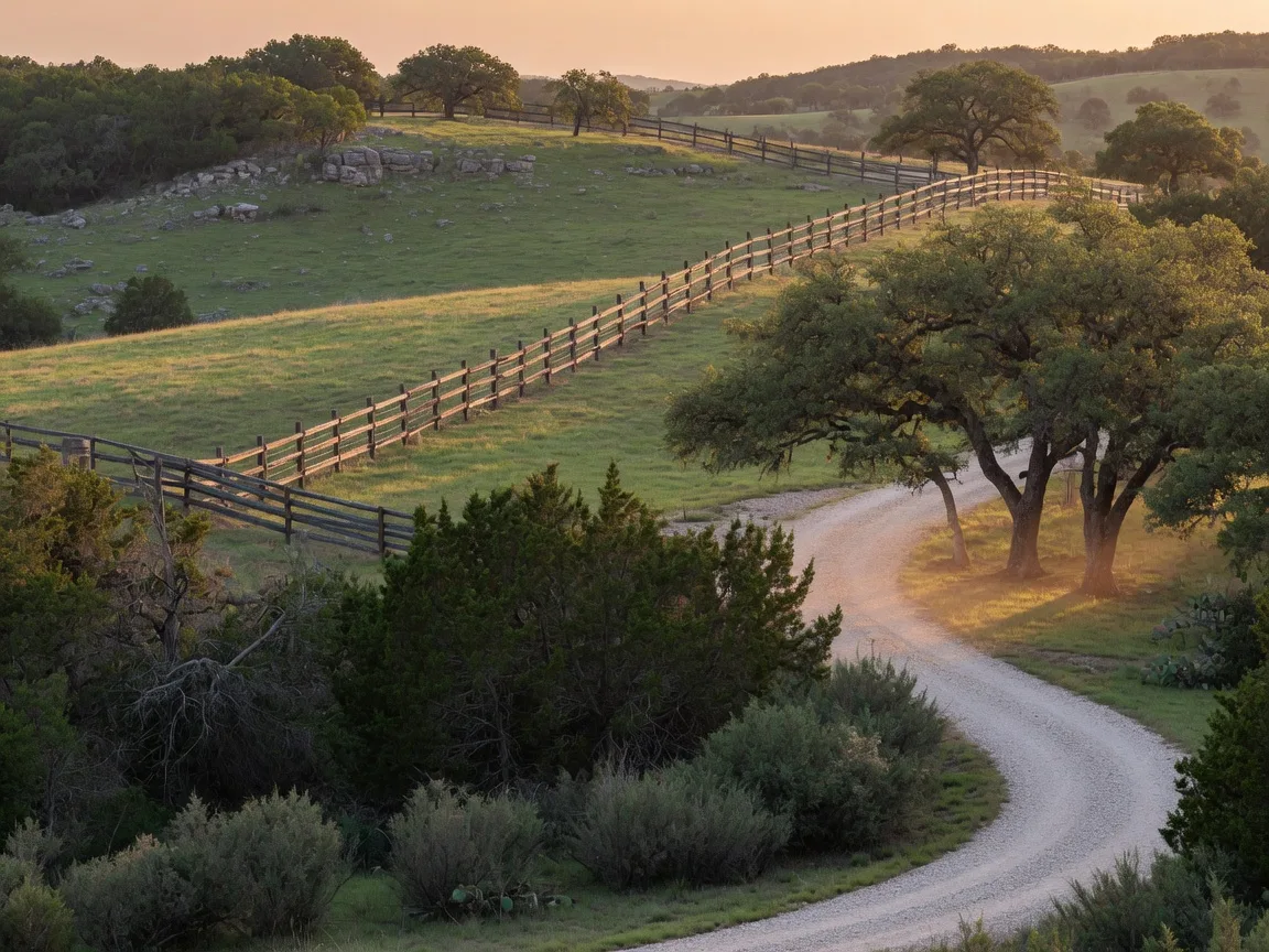 Texas Hill Country acreage property with split-rail fencing, gravel road, and live oaks in warm afternoon light