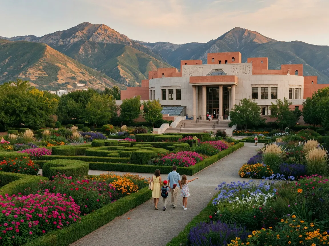 Families enjoying the Ashton Gardens at Thanksgiving Point in Lehi Utah on a sunny late summer afternoon with the Wasatch Mountains in the background