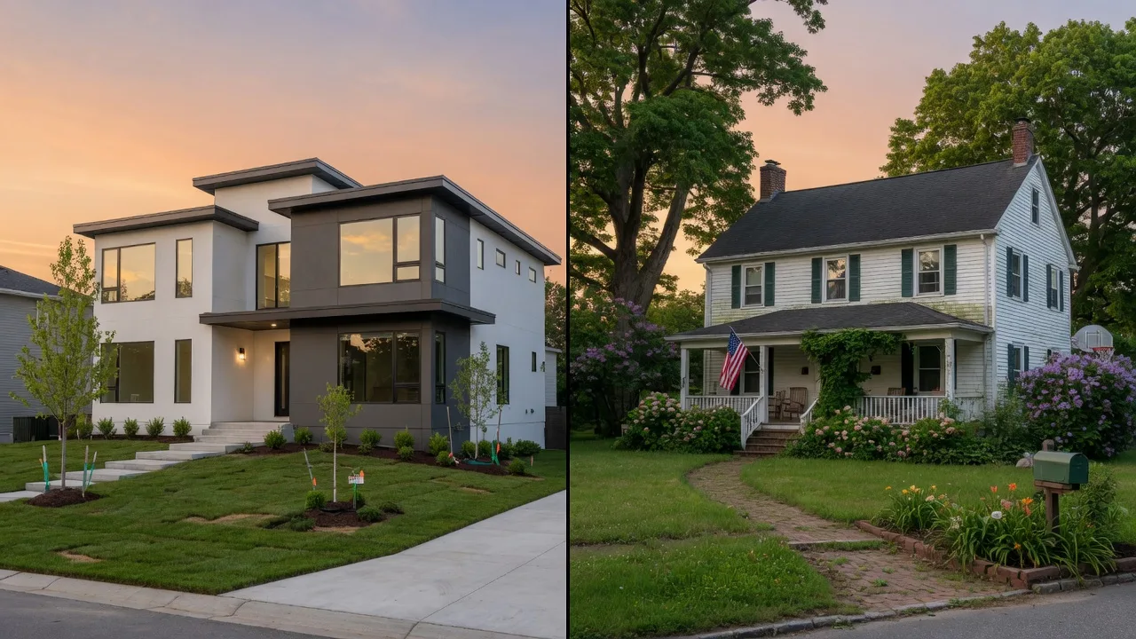 Split-screen comparison of a modern new construction home and a classic established colonial-style home