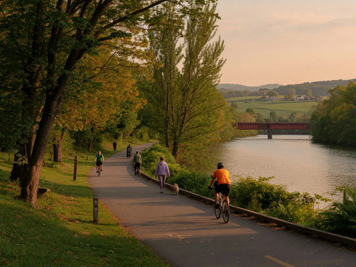 Paved Schuylkill River Trail with runners and cyclists near Phoenixville