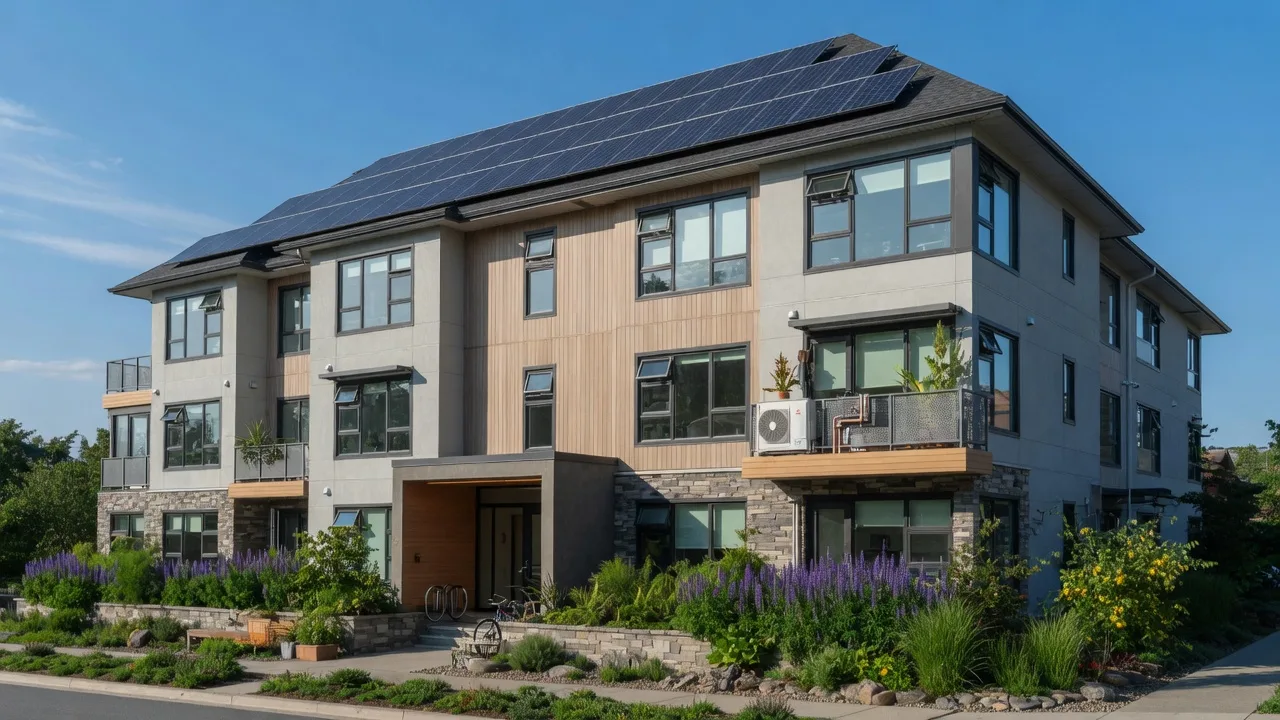 Modern energy-efficient condo building in Victoria with solar panels, heat pumps, and native landscaping