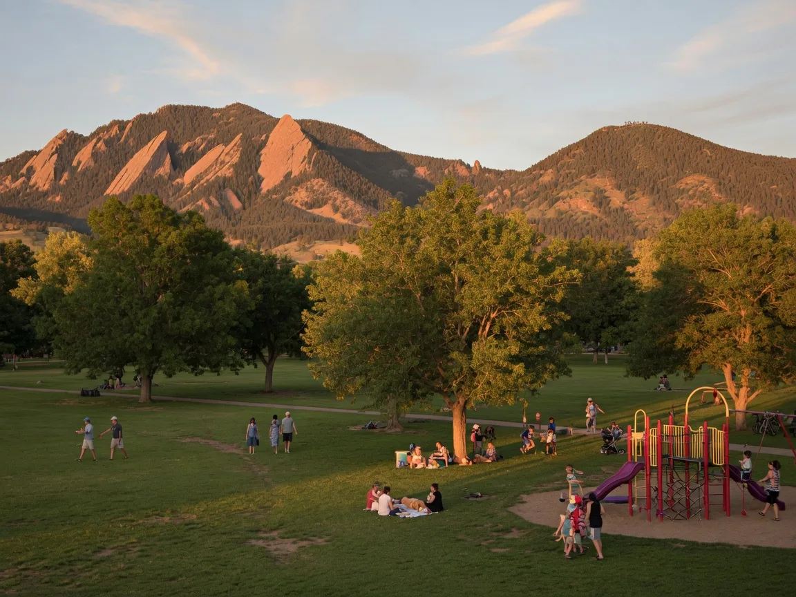 North Boulder Park in the Newlands neighborhood with the Flatirons and Mount Sanitas as a stunning backdrop