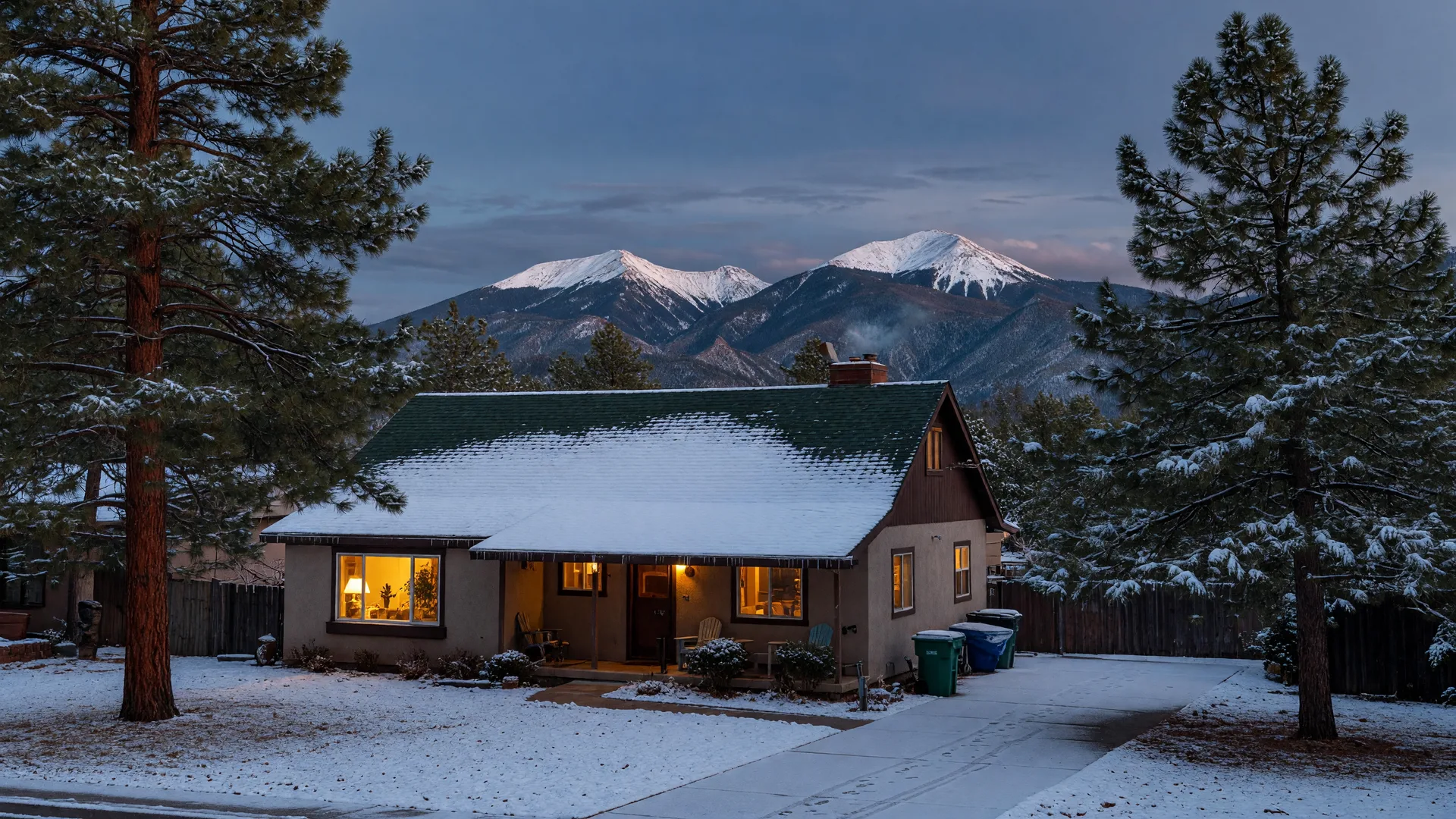 Single-family Flagstaff home with a snow-covered roof at dusk, warm windows glowing, snow-dusted ponderosa pines and the San Francisco Peaks under a blue-grey winter sky