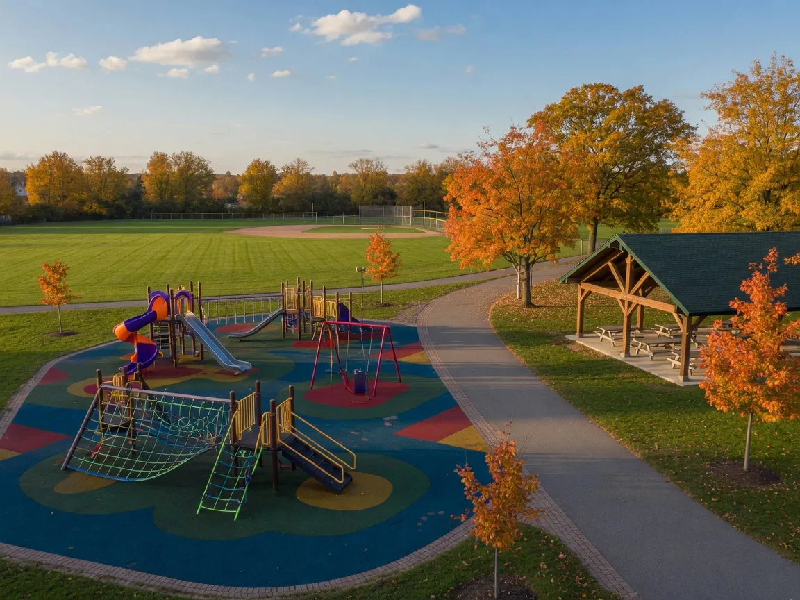 A well-kept South Jersey township park in early autumn with a colorful inclusive playground, tree-lined walking paths turning gold, and a wooden picnic pavilion under a blue sky