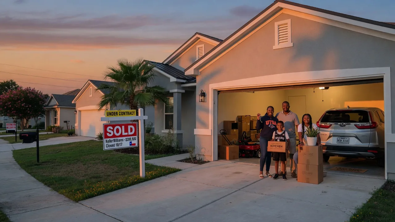 Suburban San Antonio home at golden hour with a sold sign and a family in the open garage