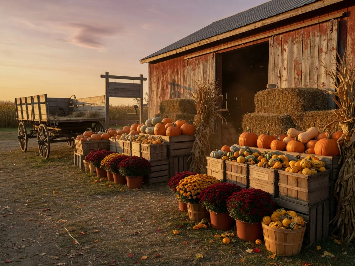Fall harvest farm stand with crates of pumpkins and squash beside hay bales and a weathered barn at golden hour
