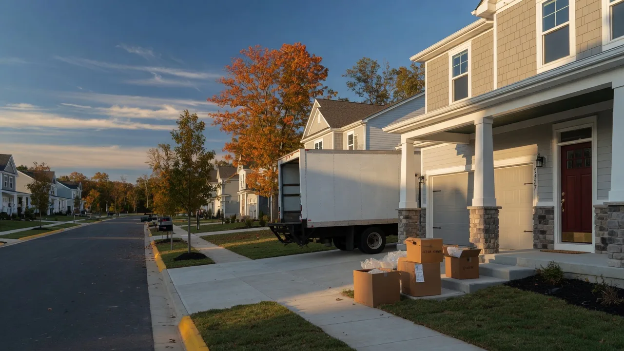 A white moving truck in the driveway of a new craftsman-style home in a Virginia development, with moving boxes on the front walk and early fall color in the trees