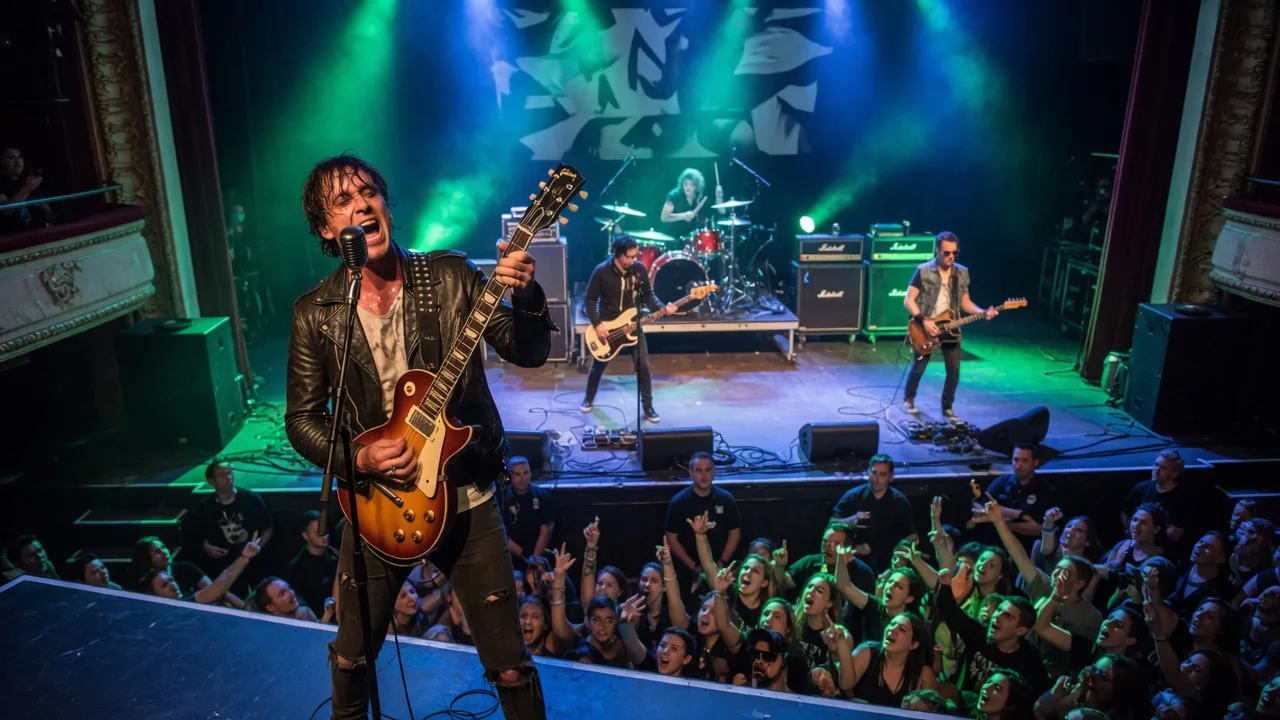 A rock musician performing on a large theater stage with dramatic green and blue lighting