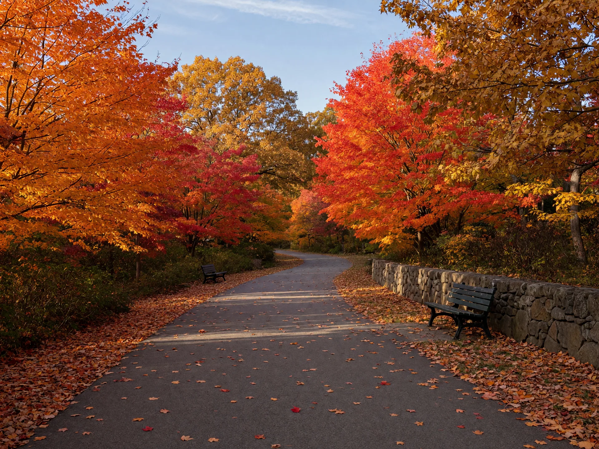 A paved walking path winding through brilliant orange, gold, and crimson trees at Secrest Arboretum in Wooster, Ohio on a clear October afternoon