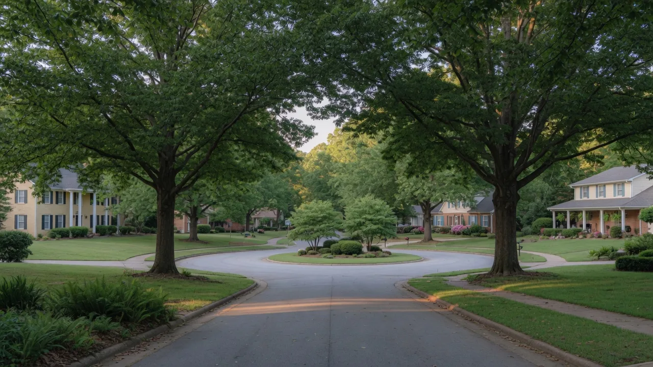 A calm, tree-lined residential street in suburban Metro Atlanta with a mature hardwood canopy shading set-back homes on generous lawns