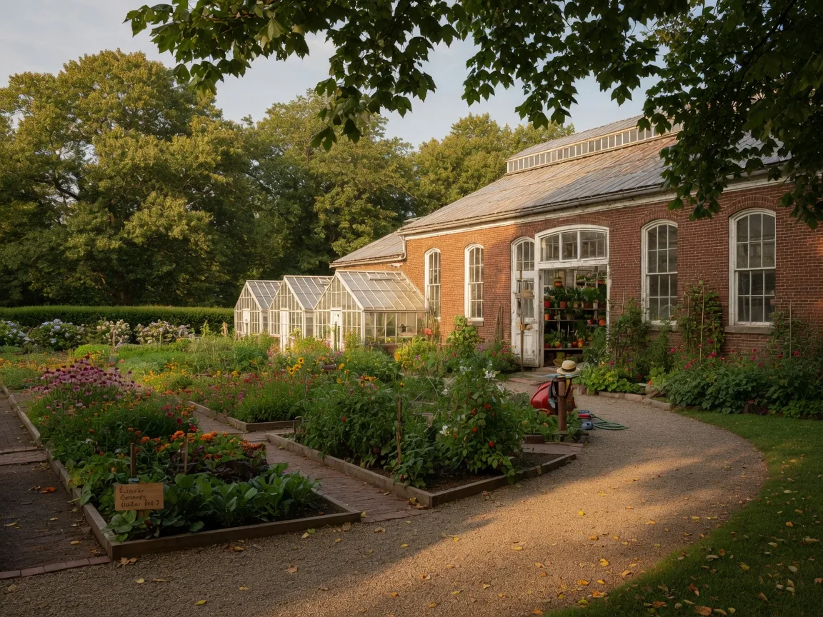 Edgerton Park in New Haven with its historic brick greenhouse and community garden plots on a late summer day