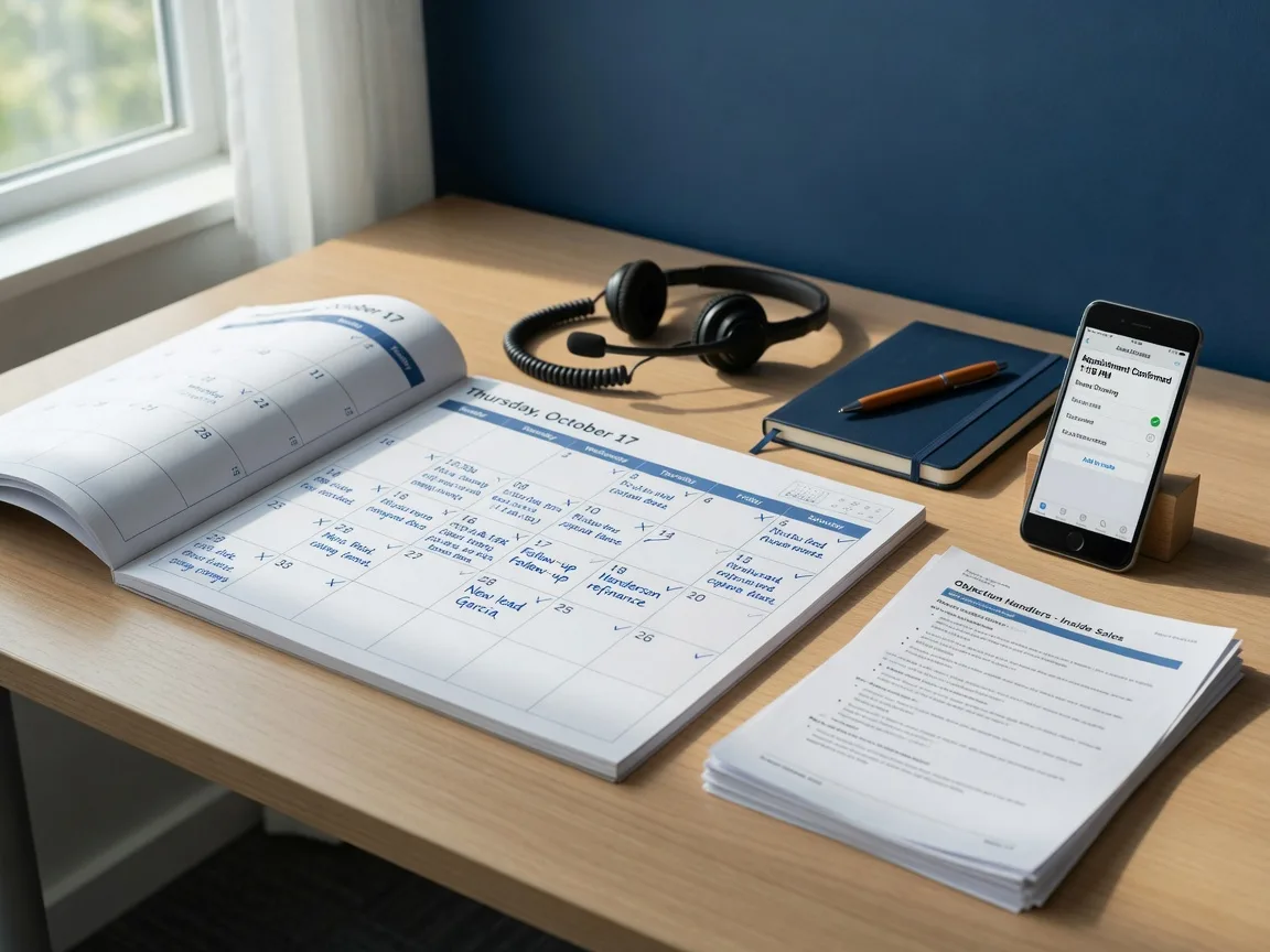 A desk calendar full of written appointments beside a headset and notebook