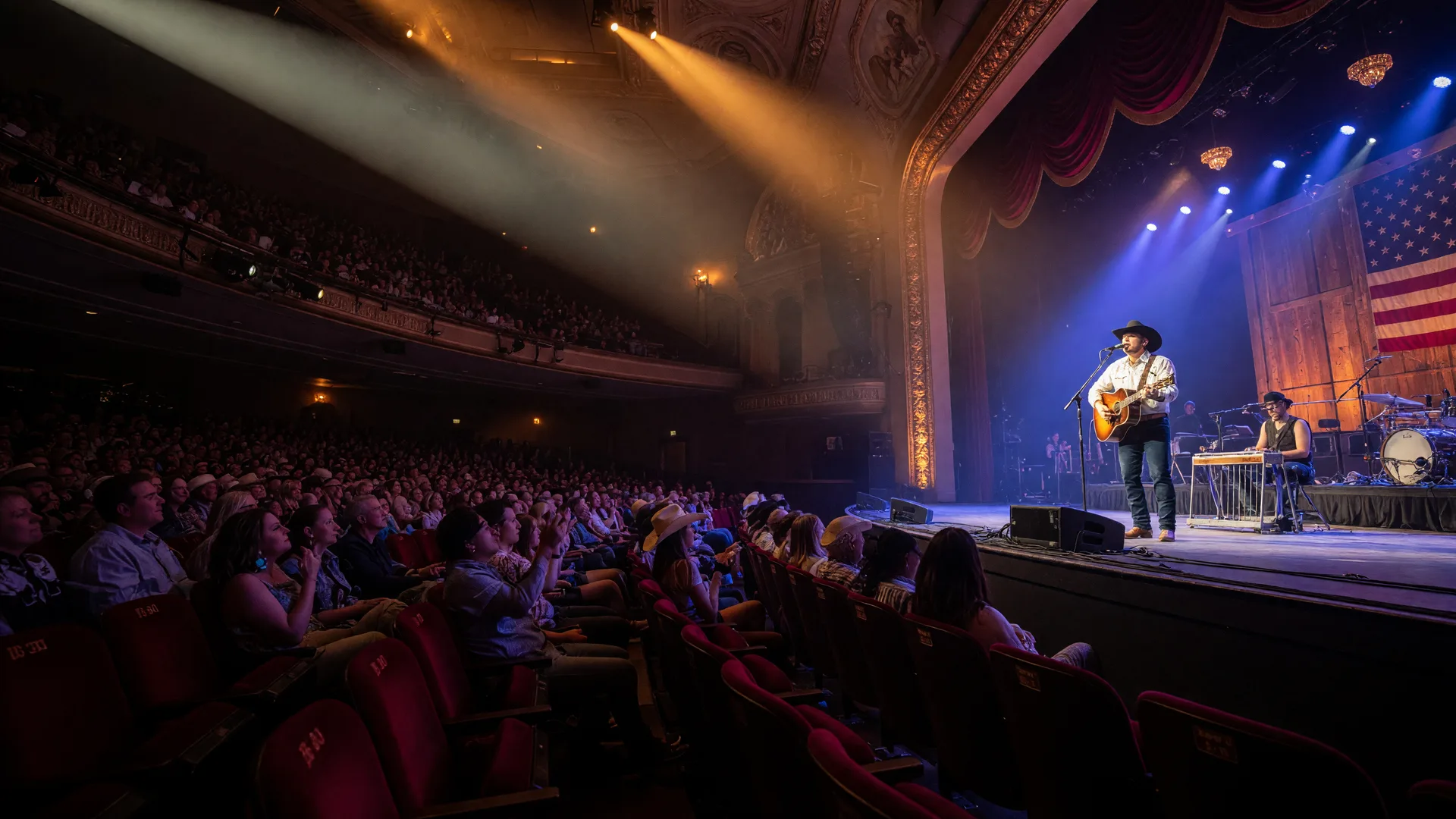 A grand concert theater audience during a country music performance with warm stage lighting and a silhouetted crowd in red velvet seating