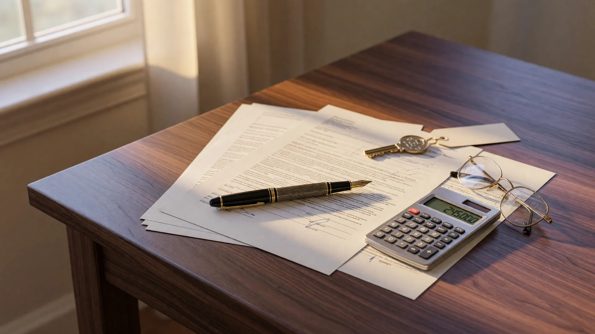 Mortgage closing documents, fountain pen, brass house key, calculator, and reading glasses on a dark walnut table in warm afternoon light