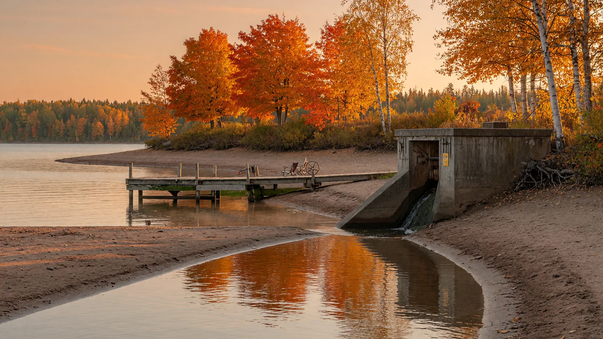 Golden-hour autumn shoreline on a northern Minnesota lake with the water drawn down to expose a pale sandy bank, a low concrete water-control outlet, and a wooden dock reaching over the lower waterline