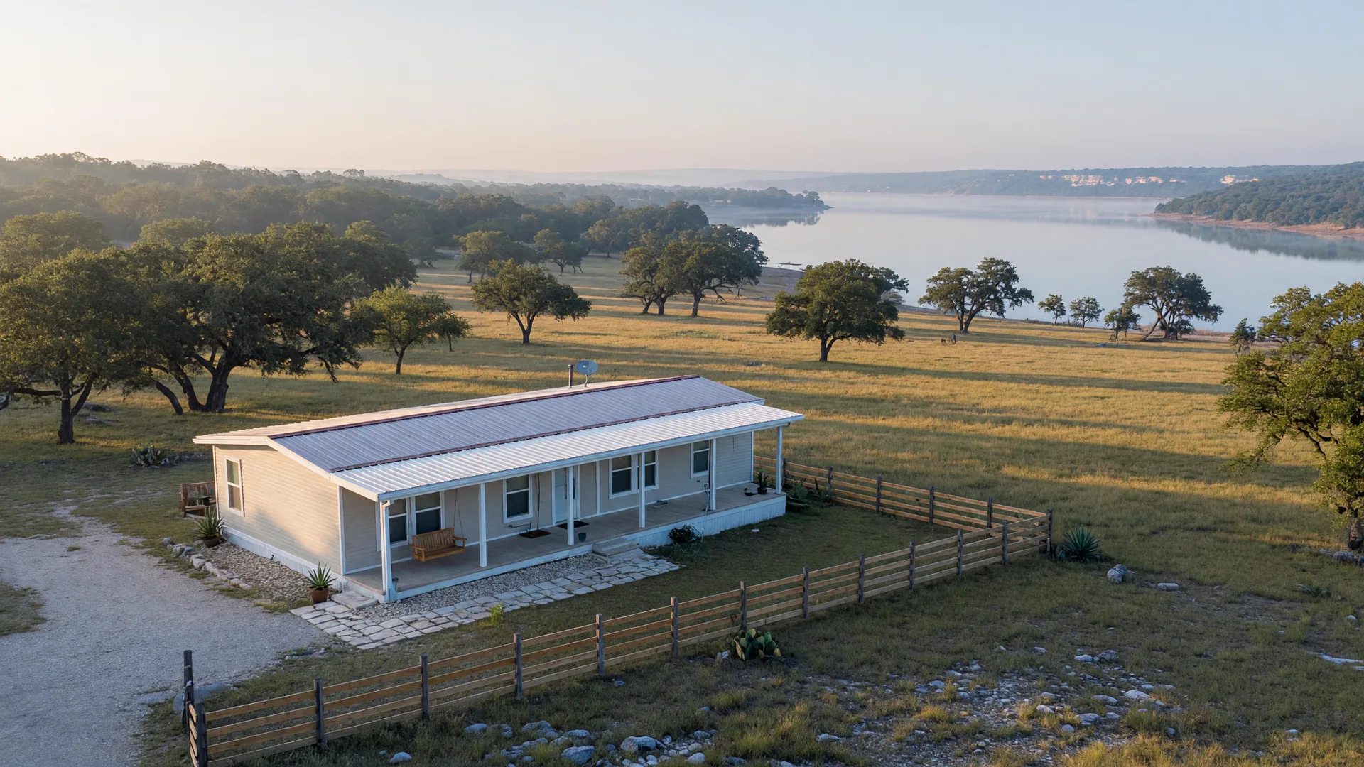 A modern manufactured home with a covered porch on a large Hill Country lot