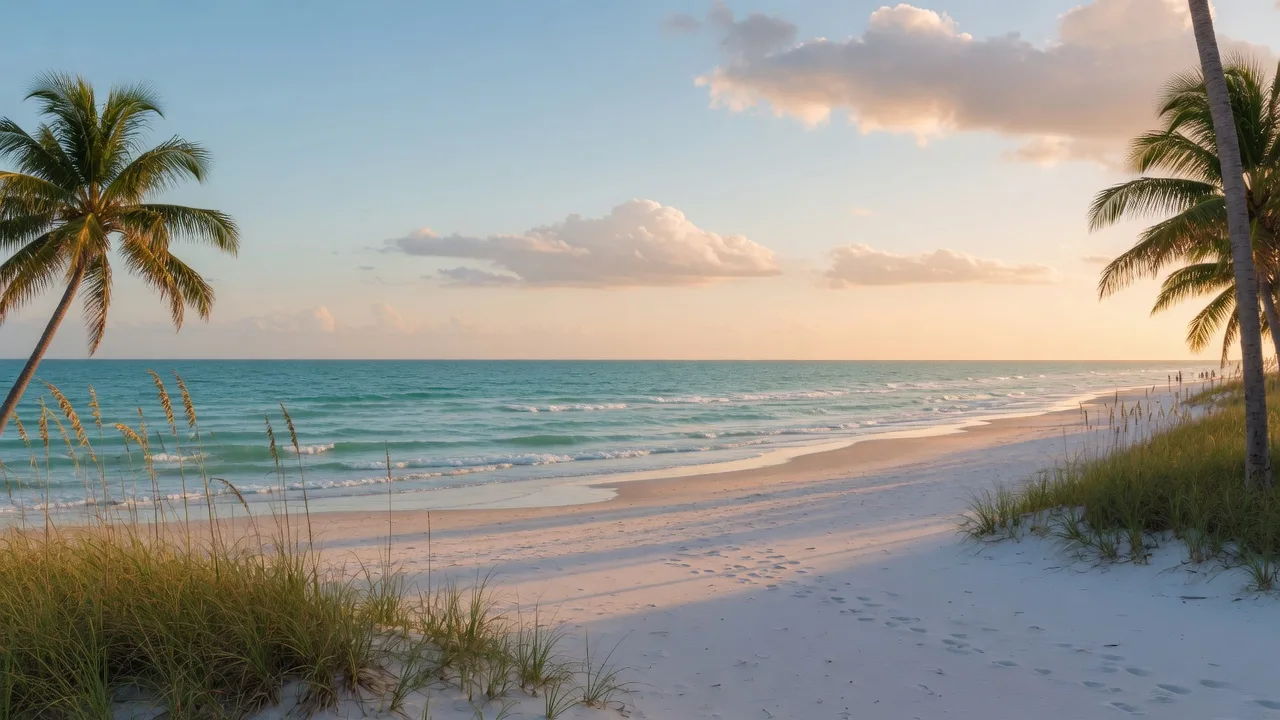 Golden-hour view of a Naples, Florida Gulf beach with turquoise water, soft white sand, and coconut palms