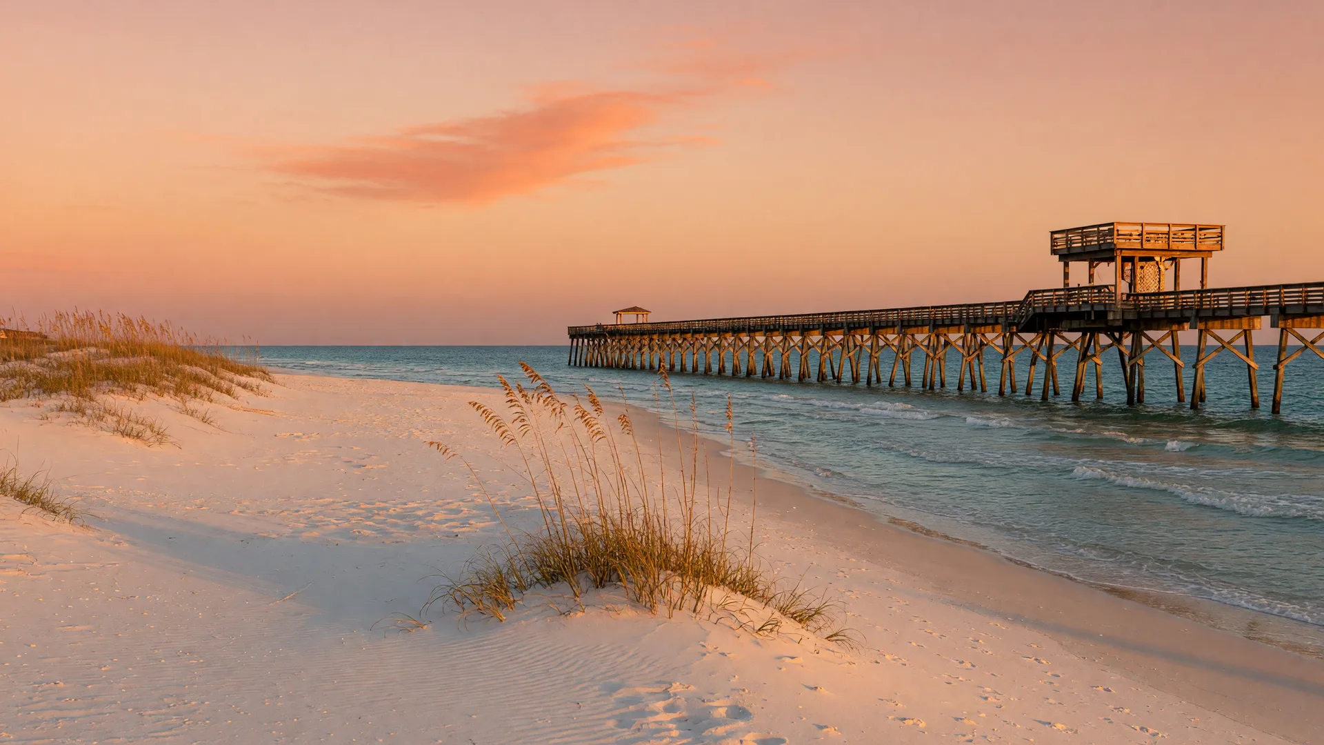 Pensacola Beach at golden hour with sugar-white sand, sea-oats dunes, turquoise Gulf water, and a long wooden fishing pier under an apricot sky.