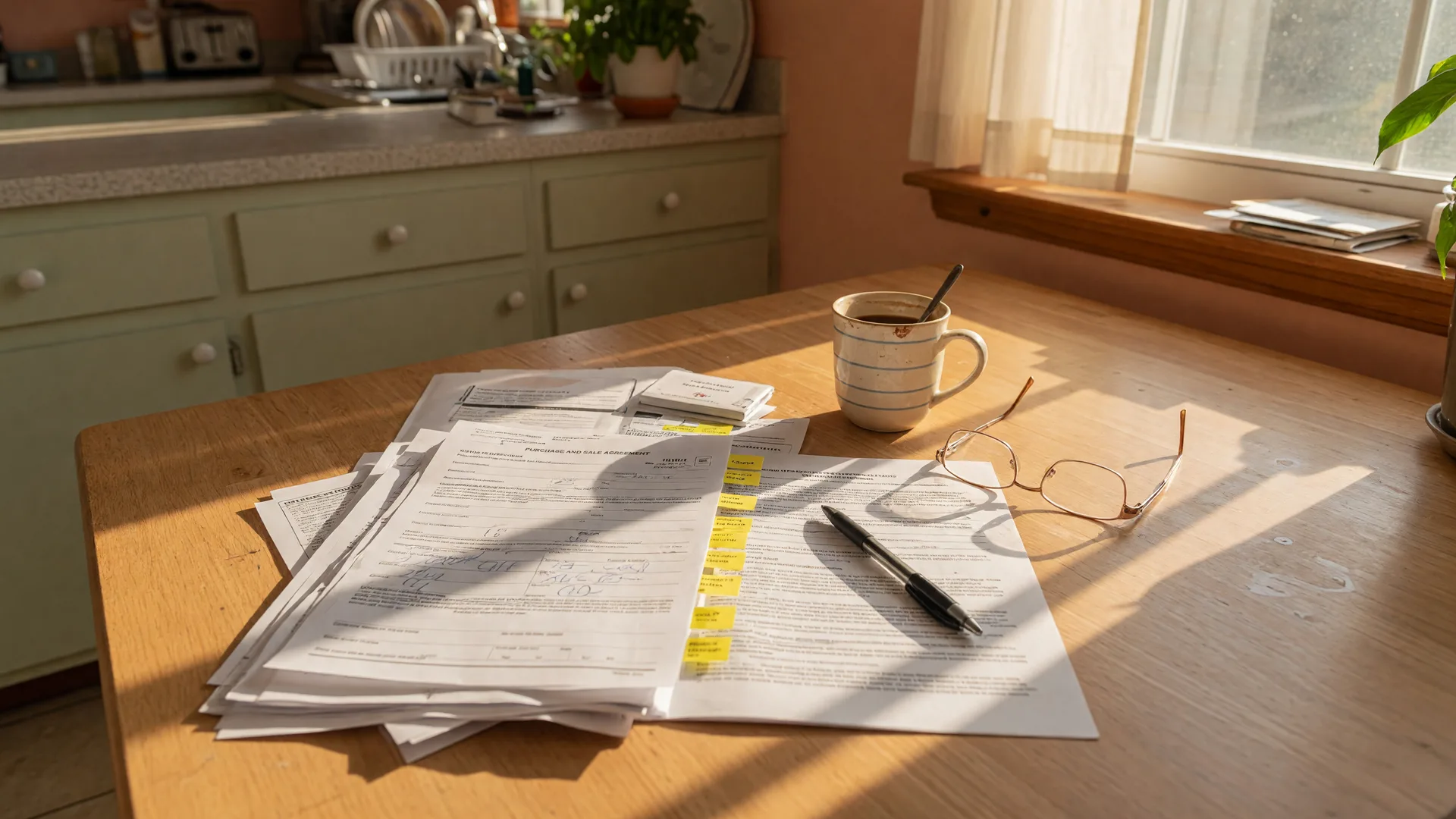 A kitchen table in warm morning light with a stack of real estate paperwork, a pen, reading glasses, and a mug of coffee, the kind of contract a homeowner might be asked to sign.