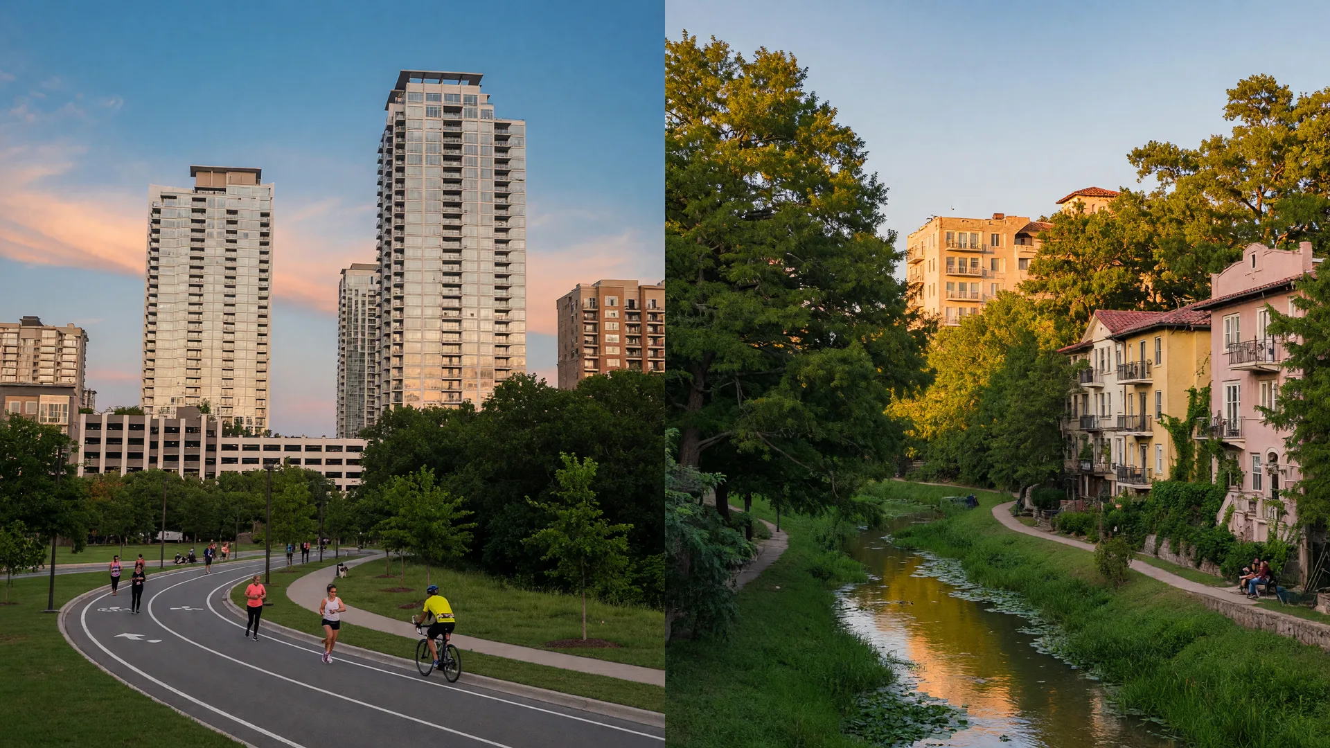 A split view of Uptown Dallas high-rises and Katy Trail on one side and Oak Lawn's Turtle Creek green space on the other.