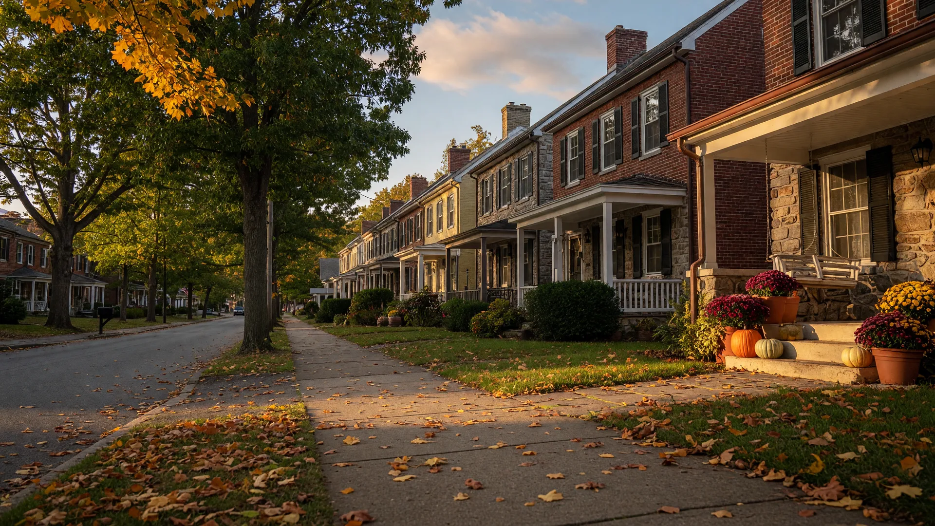 A quiet tree-lined residential street in Rydal PA in late September with golden late-afternoon light across stone and brick homes, pumpkins and mums on porches, and mature oaks just beginning to turn for autumn