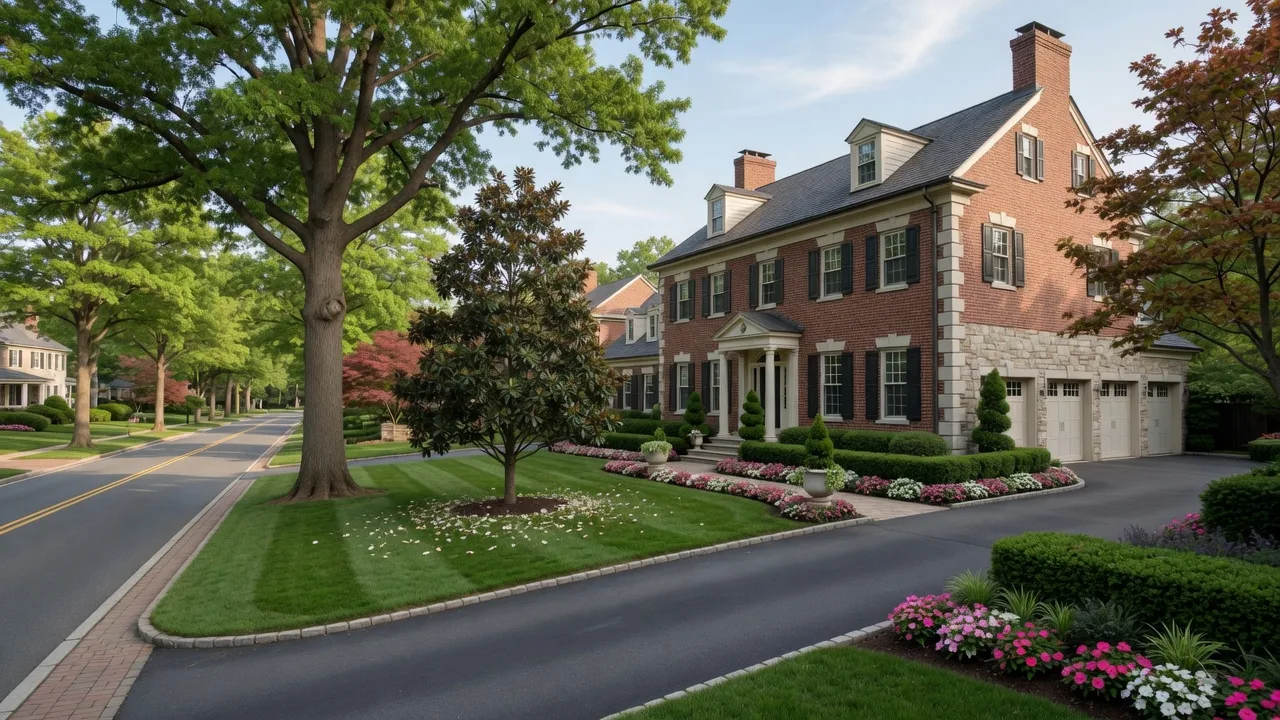 Bright daylight view of an estate home on a tree-lined street in Potomac, Maryland